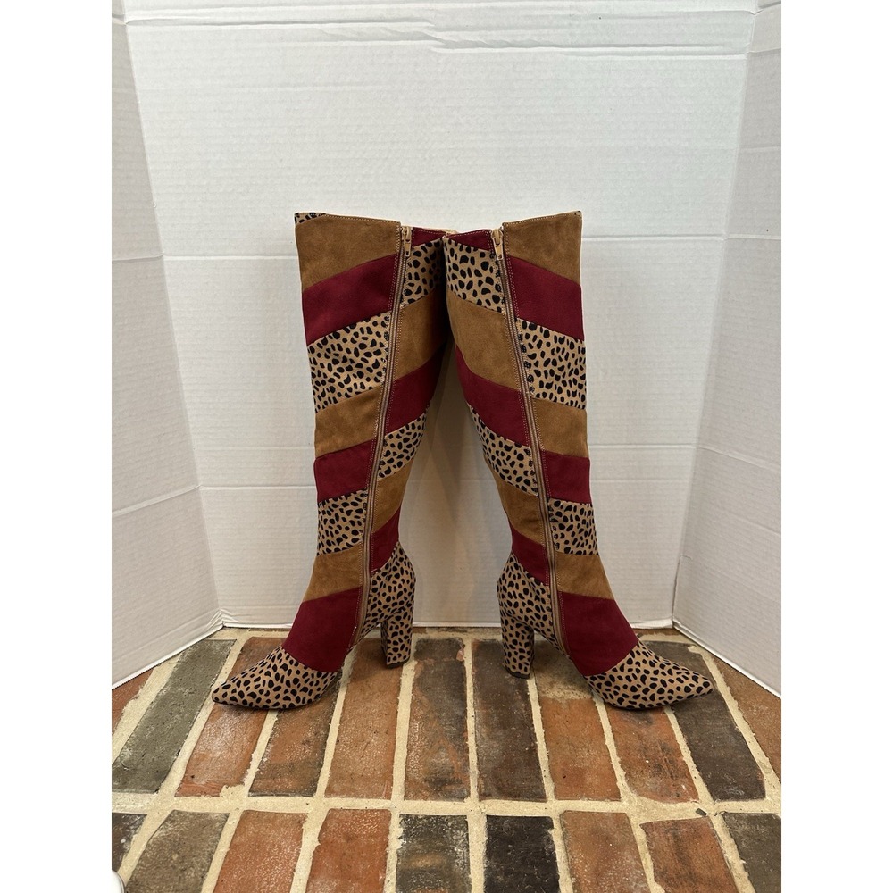 Bamboo Leopard Print Tall Boots Brown Burgundy High Heel Pointy Toe Women's 9 - Picture 4 of 7